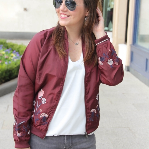 *LOVE FIRE FLORAL EMBROIDERED BURGUNDY SATIN BOMBER JACKET LIGHT WEIGHT ZIPFRONT - Picture 1 of 9